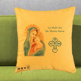 Cadou de Onomastica - Perna Personalizata Sfanta Marie Icoana Acuarela, 40x40 cm, Galben, Husa Detasabila, Perna Inclusa, BEKZ®