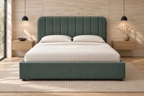 Pat tapițat din stofă Calista 160×200 cm, verde marin, cu ladă de depozitare