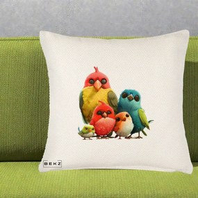 Perna Decorativa Familie de Pasarele Colorate, 40x40 cm, Crem Reliefat, Husa Detasabila, Perna Inclusa, BEKZ®