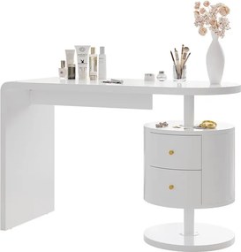 Masuta machiaj cu Oglinda LED si 2 Sertare pentru Cosmetice, Set Masa toaleta 120 cm, Alb Lucios, masuta cosmetica, vanity - SEA462