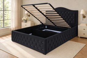 Pat tapițat Chesterfield din catifea Solaria Deluxe Cristal 180×200 cm, negru, cu ladă de depozitare