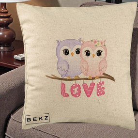Perna Decorativa Love Bufnite Indragostite pe Crenguta Roz si Mov, 40x40 cm, Bej, Husa Detasabila, Perna Inclusa, BEKZ®
