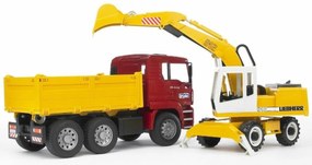 Camion Bruder MAN TGA cu excavator Liebherr, 1:16,73 x 18,5 x 23 cm