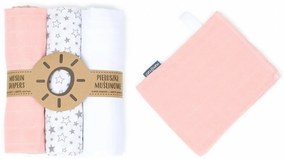Mamo Tato Muselină scutece 3ks + cârpă de spălat gratuit - alb, stele, roz