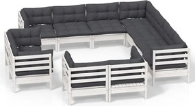vidaXL Set mobilier grădină cu perne, 11 piese, alb, lemn masiv pin