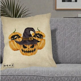 Perna Decorativa Trio Dovleci Jack-o-Lantern cu Palarie Vrajitoare, 40x40 cm, Crem, Husa Detasabila, Perna Inclusa, BEKZ®