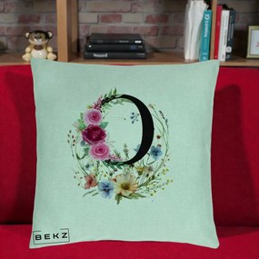 Cadou Personalizat - Perna Personalizata Monogram Litera O cu Flori Acuarela, 40x40 cm, Verde Menta, Husa Detasabila, Perna Inclusa, BEKZ®