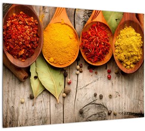 Tablou pe sticlă - Condimente pe lemn (70x50 cm)