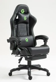 RESIGILAT- Scaun gaming, Masaj in 7 puncte, Boxe Bluetooth, funcție șezlong, 90-155 grade, suport picioare, PU, Negru/cusatura verde