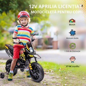 AIYAPLAY Motocicletă Electrică pentru Copii 3-8 Ani, 2 Motoare 12V, Roți Ajutătoare Detașabile, 30 kg, Galben | Aosom Romania