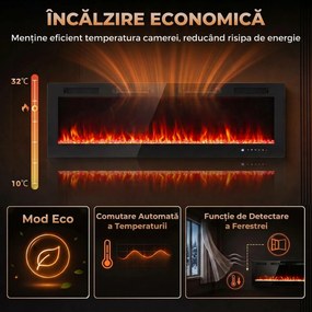 HOMCOM Șemineu Electric Încastrabil cu Flacără Independentă, 3 Moduri de Încălzire și Telecomandă, 152,4 x 9,4 x 47 cm, Negru | Aosom Romania