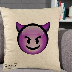 Perna Decorativa Emoji Diavol Mov, 40x40 cm, Bej, Husa Detasabila, Perna Inclusa, BEKZ®