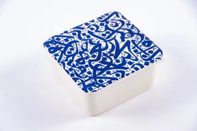 Cutie patrata din ceramica   scris albastru