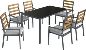 Outsunny Set Masă și Scaune de Grădină 7 Piese, Set pentru Prânz în Aer Liber cu Masă Dreptunghiulară din Sticlă Securizată, 6 Scaune, Perne, Cadru din Oțel Zincat pentru Terasă Balcon, Negru | Aosom Romania