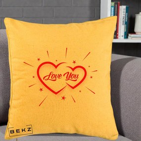 Cadou Romantic - Perna Personalizata Love You Doua Inimi, 40x40 cm, Galben, Husa Detasabila, Perna Inclusa, BEKZ®