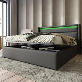 Pat dublu cu ladă de depozitare, cu LED și telecomandă, structură tapițată 140x200 cm, Gri