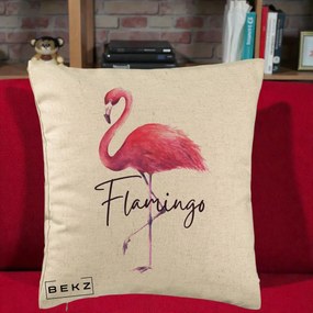 Perna Decorativa Flamingo Acuarela, 40x40 cm, Bej, Husa Detasabila, Perna Inclusa, BEKZ®