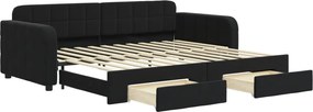 vidaXL Pat de zi cu extensie și sertare, negru, 90x200 cm, catifea