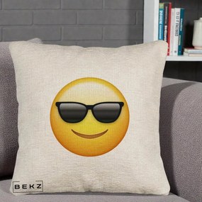 Perna Decorativa Emoji Cool Ochelari, 40x40 cm, Bej Canapea, Husa Detasabila, Perna Inclusa, BEKZ®