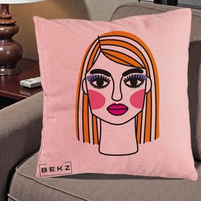 Perna Decorativa Portret Pop Art Fata, 40x40 cm, Roz, Husa Detasabila, Perna Inclusa, BEKZ®