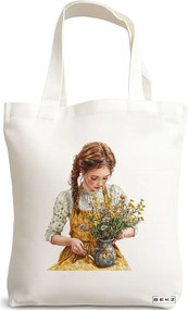 Sacosa de Panza pentru Cumparaturi, Geanta Tote, model The Girl with the flower pot 38 x 34.5 cm, Alba, BEKZ®