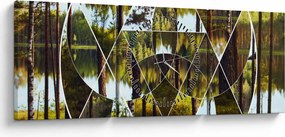 Tablou - Colaj geometric pe fundalul pădurilor nordice (cu ceas) (90x30 cm)