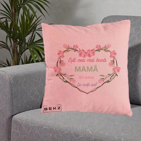 Cadou pentru Mama - Perna Personalizata Esti Cea mai Buna Mama din Lume La Multi Ani cu Inima Florala, 40x40 cm, Roz, Husa Detasabila, Perna Inclusa, BEKZ®