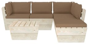 Set mobilier gradina din paleti cu perne, 6 piese, lemn molid Gri taupe, 2x colt + 2x mijloc + suport pentru picioare + masa, 1