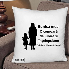 Cadou pentru Bunica - Perna Personalizata Bunica Mea Comoara Iubire Intelepciune Silueta, 40x40 cm, Alb Pufos, Husa Detasabila, Perna Inclusa, BEKZ®