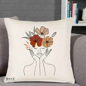 Perna Decorativa Portret Feminin Coroana Trei Flori, 40x40 cm, Crem Reliefat, Husa Detasabila, Perna Inclusa, BEKZ®