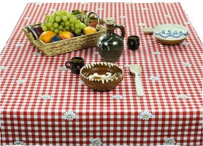 Fata de masa cu carouri alb si rosii si margarete CASA GINO , bumbac 100%, 150X160, masa 6 persoane, Rosu cu margarete