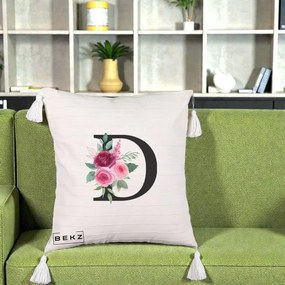 Cadou Personalizat - Perna Personalizata Monograma Florala Litera D, 40x40 cm, Bej cu Franjuri, Husa Detasabila, Perna Inclusa, BEKZ®