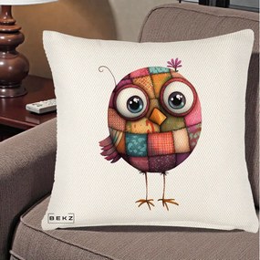 Perna Decorativa Pasare Patchwork Roz cu Floare, 40x40 cm, Crem Reliefat, Husa Detasabila, Perna Inclusa, BEKZ®