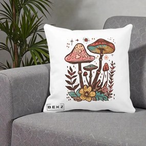 Perna Decorativa Ciuperci Boho Multicolore, 40x40 cm, Alba Mata, Husa Detasabila, Perna Inclusa, BEKZ®