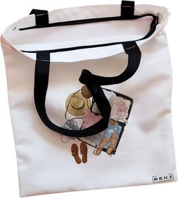 Sacosa de Panza pentru Cumparaturi, Geanta Tote, Travel Girl 10, Cu fermoar, 38x34.5 cm, Alba, BEKZ®