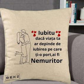 Cadou pentru Iubit - Perna Personalizata Iubitu Nemuritor cu Cuplu Line-Art si Inimi Rosii, 40x40 cm, Bej, Husa Detasabila, Perna Inclusa, BEKZ®