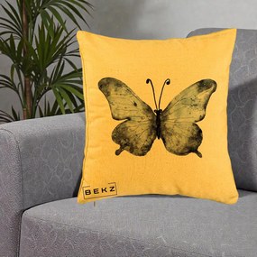Perna Decorativa Fluture Acuarela Albastru-Gri, 40x40 cm, Galben, Husa Detasabila, Perna Inclusa, BEKZ®