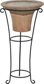 Lumânare decorativă din lemn masiv cu suport din fier forjat negru, 3 fitile, 45×45×95 cm, pentru terasă și exterior, „Torchère"