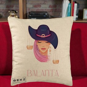 Perna Personalizata Zodiac Balanta Cowgirl, 40x40 cm, Bej, Husa Detasabila, Perna Inclusa, BEKZ®