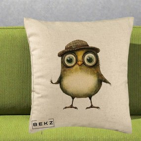 Perna Decorativa Pui Intelectual cu Palarie Tweed, 40x40 cm, Bej, Husa Detasabila, Perna Inclusa, BEKZ®