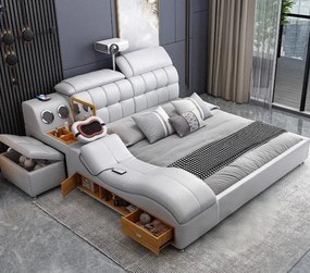 MOBLUX99 Utility 160x200 cm Light Grey Right Chaise – Pat Inteligent Premium cu Proiector, Vibromasaj, Boxe Bluetooth, Încărcare Wireless și Spații Multiple de Depozitare