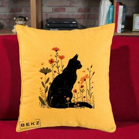 Perna Decorativa Pisica Neagra Profil Flori Portocalii, 40x40 cm, Galben, Husa Detasabila, Perna Inclusa, BEKZ®