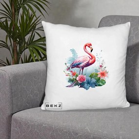 Perna Decorativa Flamingo cu Flori Tropicale Acuarela, 40x40 cm, Alb Pufos, Husa Detasabila, Perna Inclusa, BEKZ®