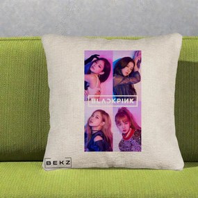 Perna Personalizata K-pop BLACKPINK Poster Colaj 4 Membre Violet Roz, 40x40 cm, Bej Canapea, Husa Detasabila, Perna Inclusa, BEKZ®