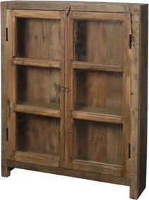 Dulap vitrină rustic din lemn reciclat, natur, cu 2 uși vitrate, 3 rafturi și mânere cu inele metalice, finisaj natural, 105 x 85 x 18 cm, „Grimaud”