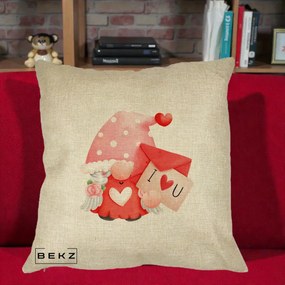 Cadou Romantic - Perna Personalizata I Love You Gnome Valentine cu Scrisoare, 40x40 cm, Crem, Husa Detasabila, Perna Inclusa, BEKZ®