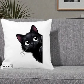 Perna Decorativa Pisica Neagra Dragalasa Curioasa, 40x40 cm, Alba Mata, Husa Detasabila, Perna Inclusa, BEKZ®