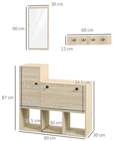 HOMCOM Mobilier pentru Hol cu Depozitare pentru 9 Perechi de Pantofi, Oglindă, Dulap, Rafturi și 4 Cârlige, 90x30x87 cm, Lemn Natural | Aosom Romania