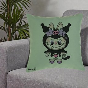 Perna Personalizata Labubu x Kuromi, 40x40 cm, Verde, Husa Detasabila, Perna Inclusa, BEKZ®