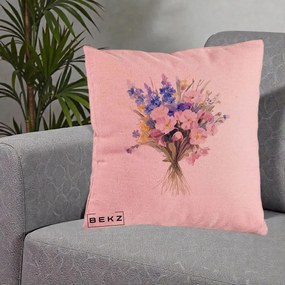 Perna Decorativa Buchet Floral Acuarela Primavara, 40x40 cm, Roz, Husa Detasabila, Perna Inclusa, BEKZ®